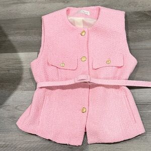 Zara Pink Tweed Belted Vest with Gold Buttons